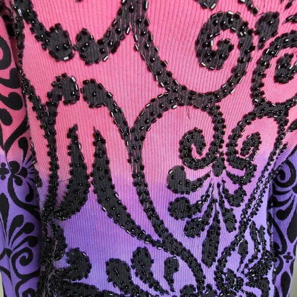 Faith Beaded Scroll Pattern Long Sleeve Knit Top Purple Pink Size Large - Picture 10 of 12